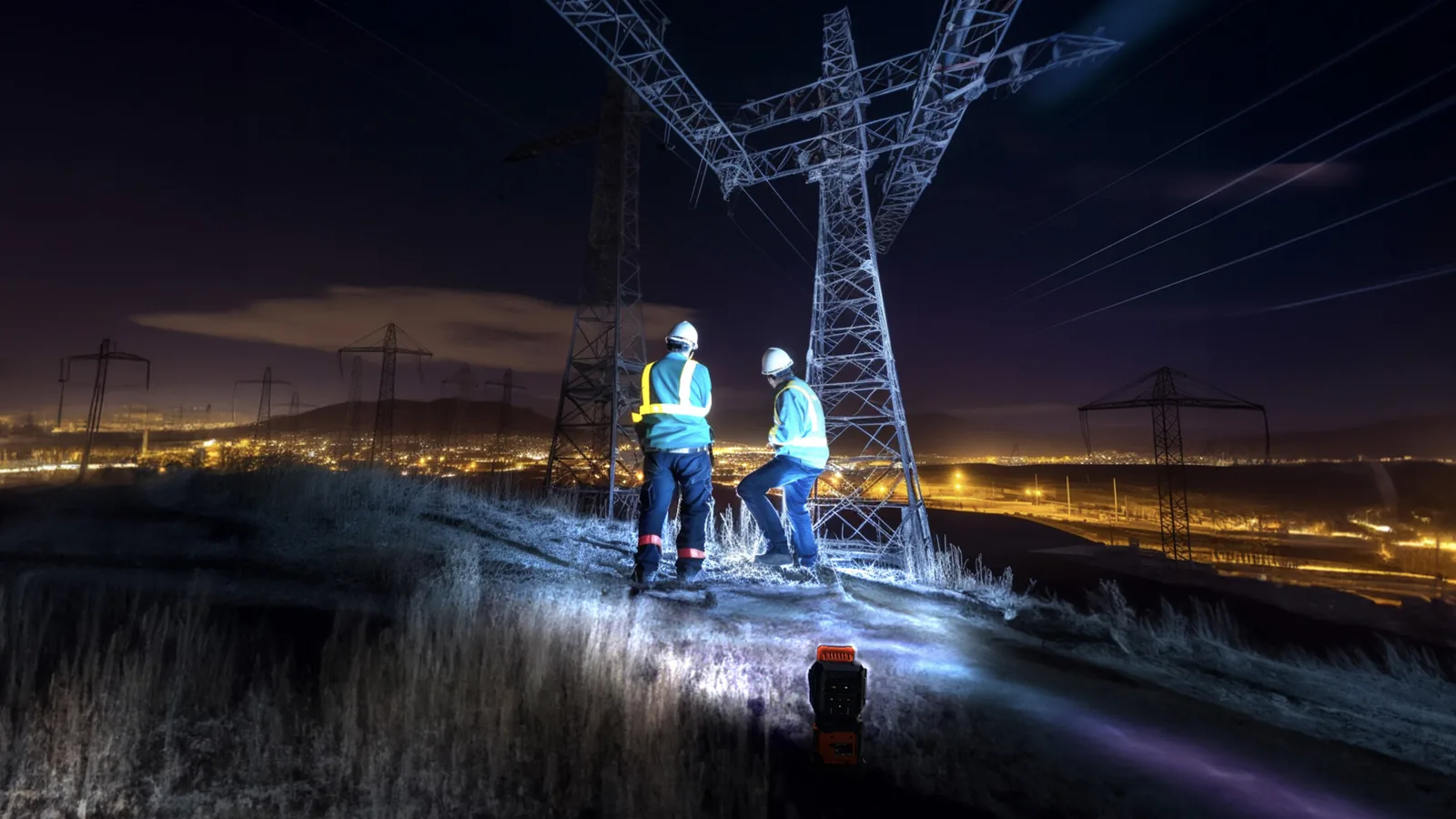Crew inspecting high-voltage lines at night with a G-COMIN floodlight lighting the ground