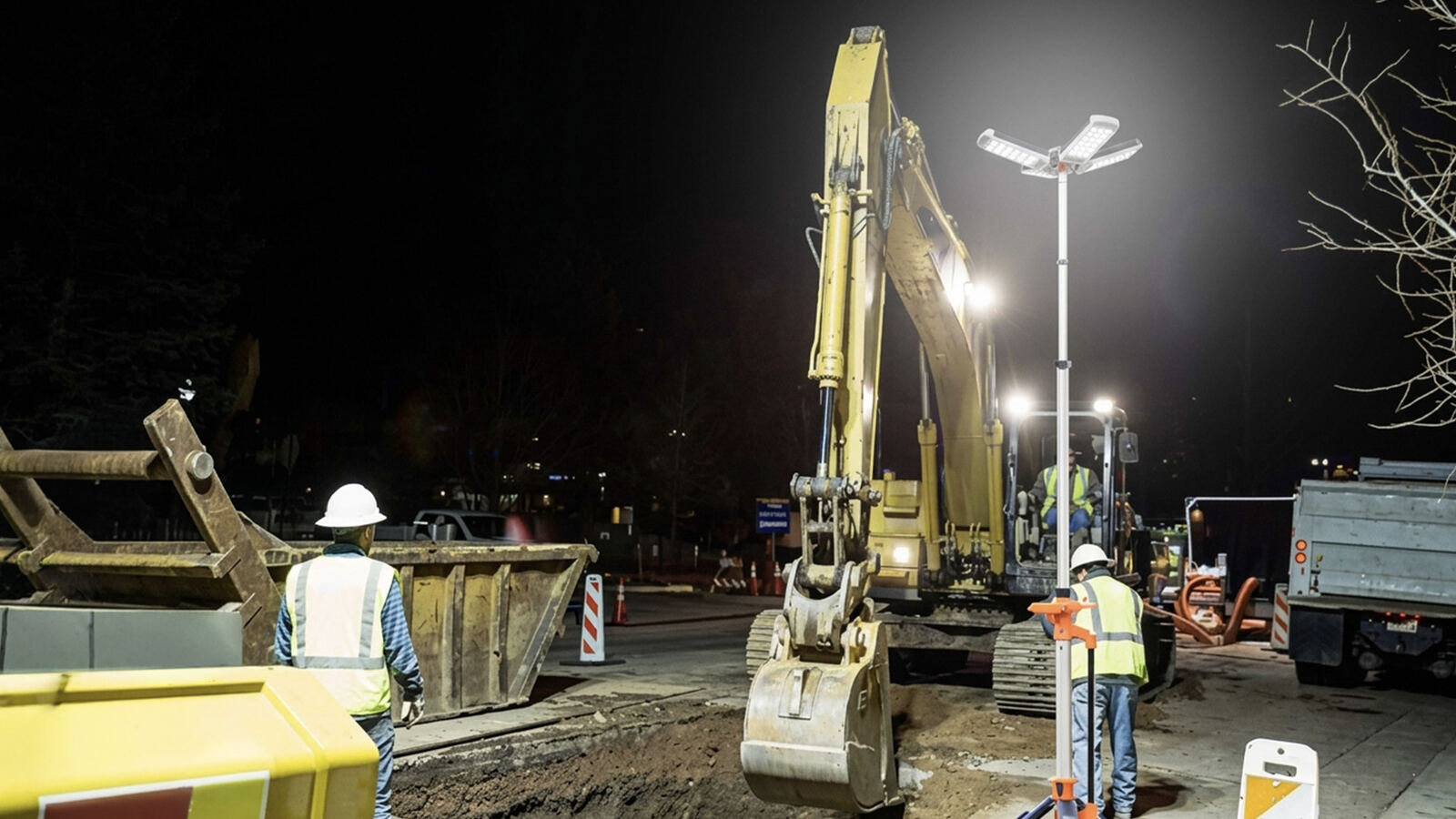 PL-300 iluminando una excavación urbana nocturna junto a una excavadora