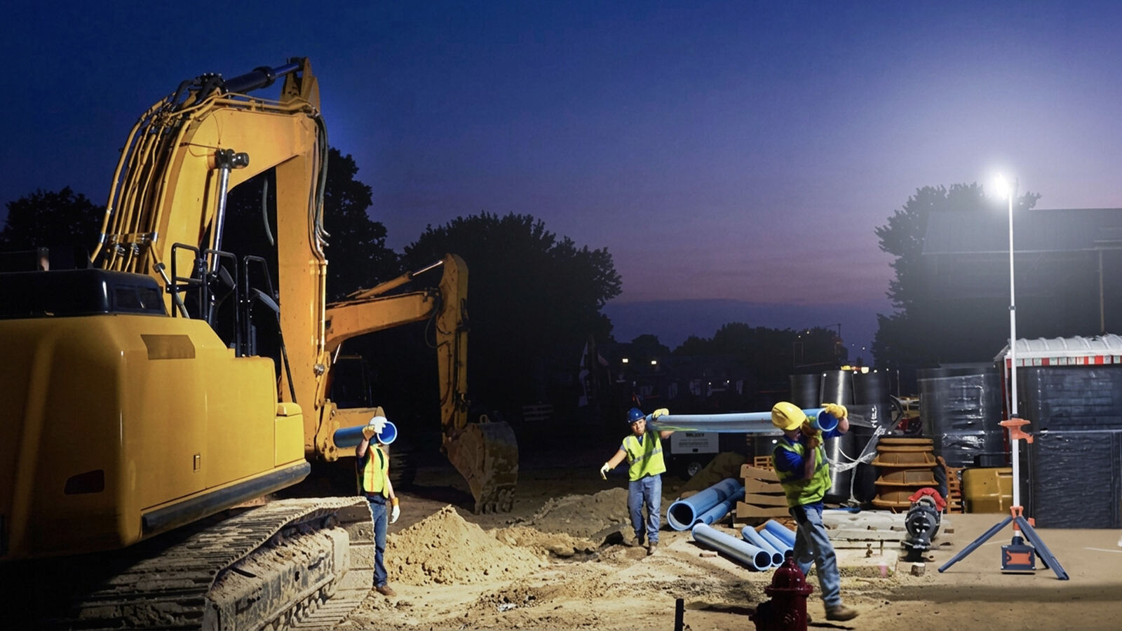 Cuadrilla trabajando junto a una excavadora con una TL-300 al fondo