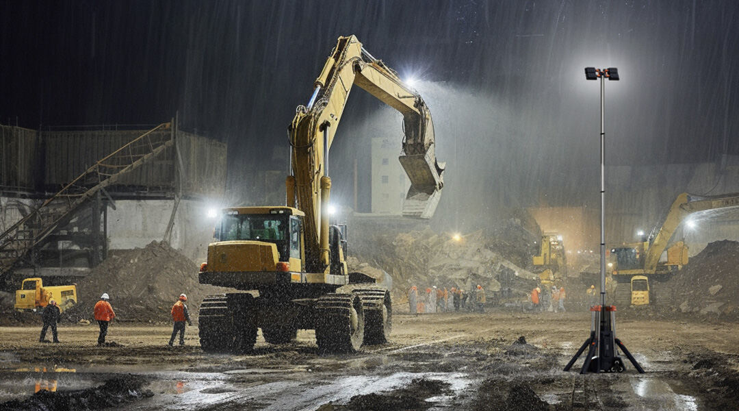 TL-500H iluminando un frente de obra bajo la lluvia junto a una excavadora
