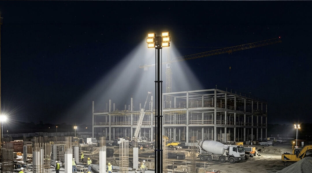 TL-600 iluminando un frente de obra con estructuras y una revolvedora
